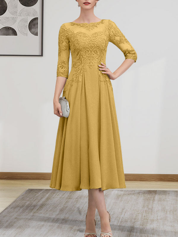 A-Linie, U-Ausschnitt, Illusion, knielang, Chiffon, Spitze, Kleid für die Brautmutter mit Perlen und Pailletten