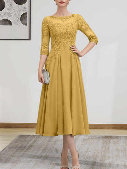 A-Linie, U-Ausschnitt, Illusion, knielang, Chiffon, Spitze, Kleid für die Brautmutter mit Perlen und Pailletten