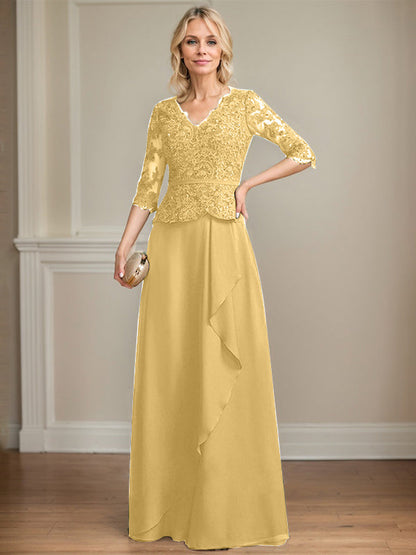 Vestido de madre de la novia de gasa con encaje, escote en V, largo hasta el suelo, con volantes en cascada y lentejuelas 
