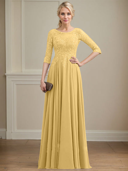 A-Linie, U-Ausschnitt, Illusion, bodenlanges Spitzen-Chiffon-Kleid für die Brautmutter mit Pailletten 