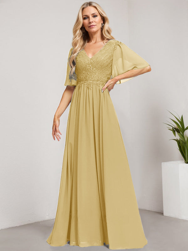 A-Linie V-Ausschnitt Bodenlanges Spitzen-Chiffon-Kleid für die Brautmutter mit Pailletten 
