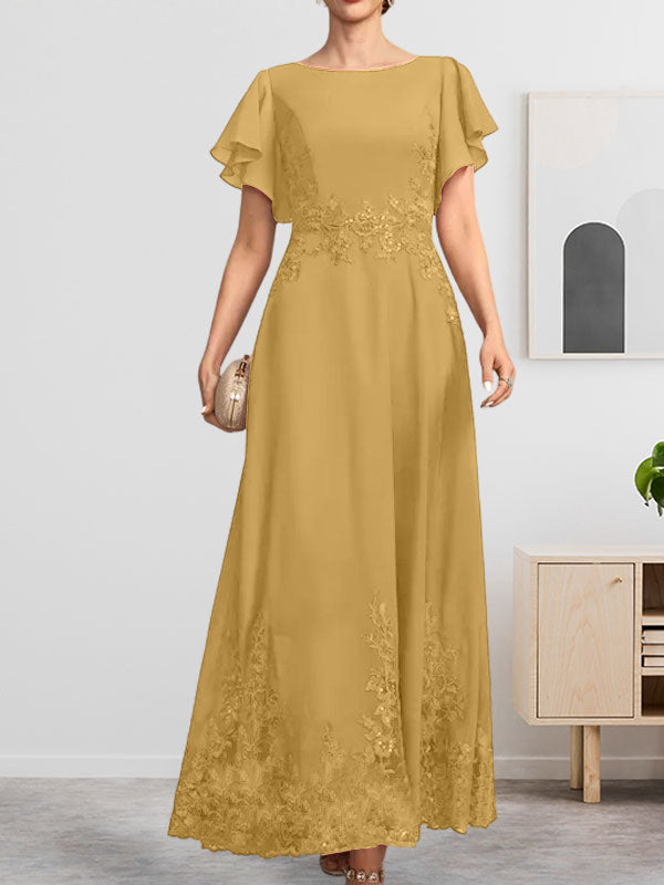 Robe de mère de la mariée en mousseline de soie à dentelle, longueur cheville, en forme trapèze avec décolleté arrondi et paillettes