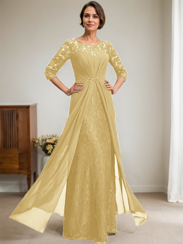 Robe de mère de la mariée en dentelle et mousseline à encolure dégagée en forme de A, longueur au sol, avec perles et volants