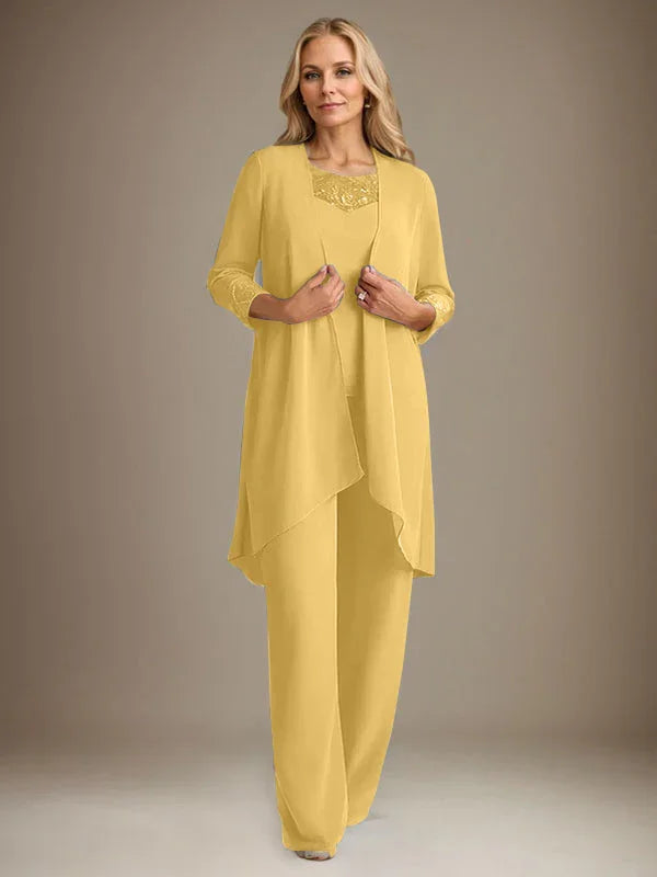 بدلة بنطلون الأم العروس بأكمام طويلة من الشيفون وياقة دائرية مع سترة