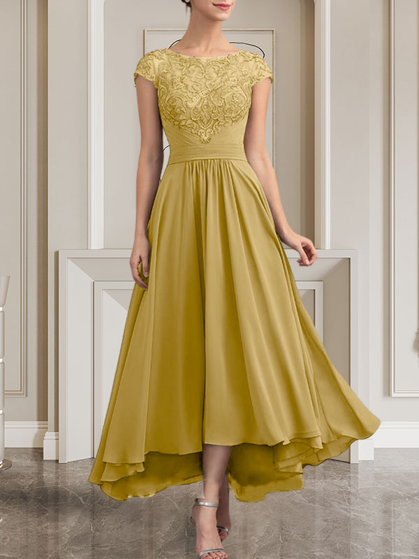 A-Linie U-Ausschnitt Bodenlang Spitzen-Chiffon-Kleid für die Brautmutter mit Pailletten
