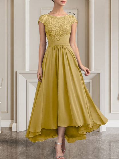 A-Linie U-Ausschnitt Bodenlang Spitzen-Chiffon-Kleid für die Brautmutter mit Pailletten