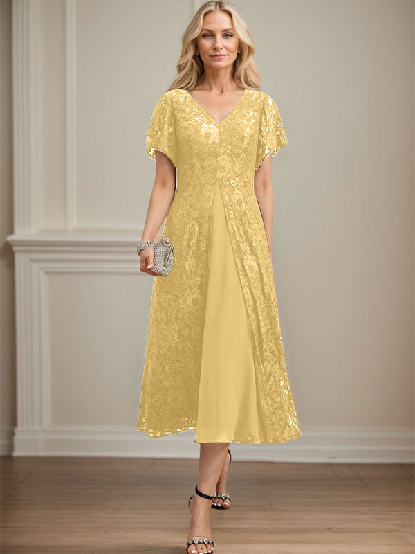 A-Linie V-Ausschnitt Wadenlanges Chiffon-Kleid für die Brautmutter 