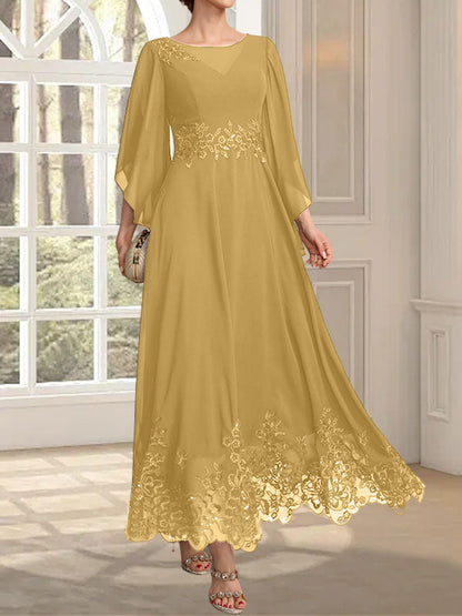 A-Linie, U-Ausschnitt, Illusion, knöchellang, Spitzen-Chiffon, Kleid für die Brautmutter mit Pailletten 