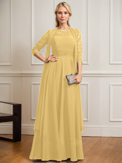 A-Linie U-Ausschnitt Illusion Bodenlang Spitze Chiffon Mutter der Braut Kleid Mit Plissee 