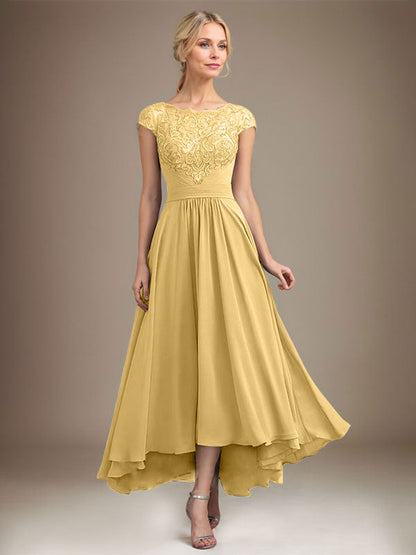 A-Linie U-Ausschnitt Illusion Asymmetrische Spitze Chiffon Mutter der Braut Kleid Mit Plissee 