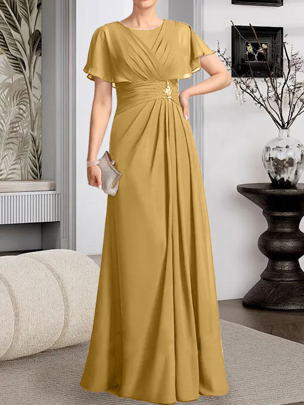 Robe de mère de la mariée en mousseline, longueur au sol, en ligne A, décolleté arrondi, ornée de perles plissées