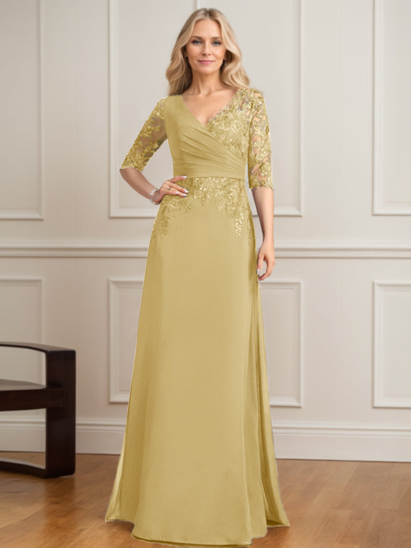 A-Linie, V-Ausschnitt, bodenlanges Spitzen-Chiffon-Kleid für die Brautmutter mit plissierten Pailletten 