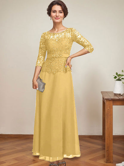 A-Linie, U-Ausschnitt, Illusion, knöchellang, Chiffon, Spitze, Kleid für die Brautmutter mit Strass-Perlen 