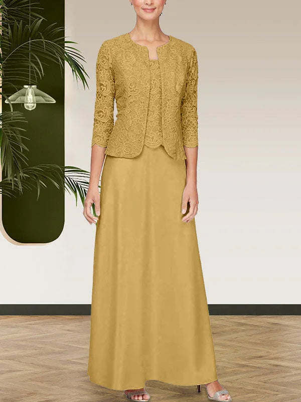 فستان مع جاكيت تنورة من الدانتيل اللامع والساتان مع جاكيت مفتوح