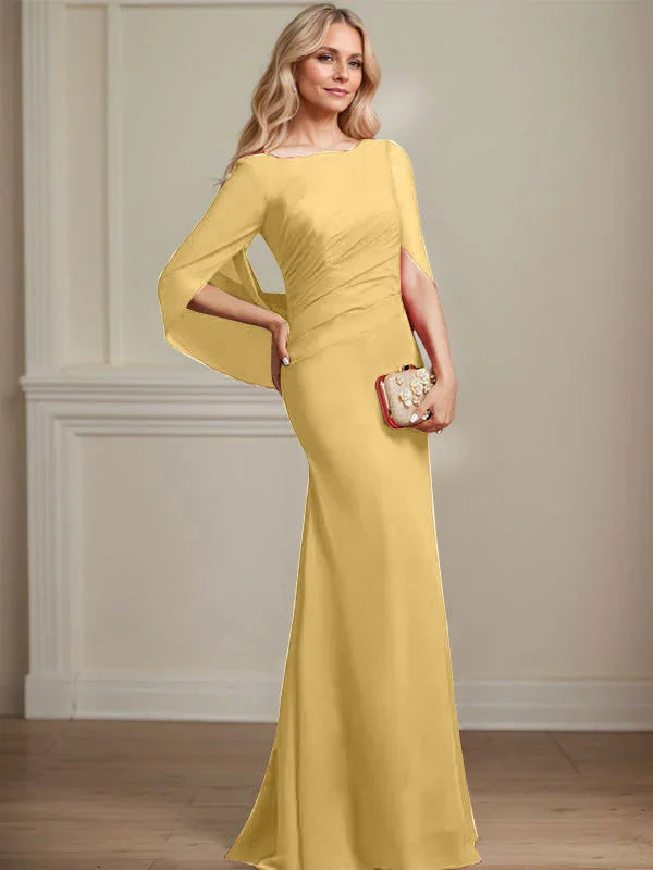 Vestido de madrina de novia de gasa con cuello barco estilo trompeta/cola de sirena y largo hasta el suelo con pliegues