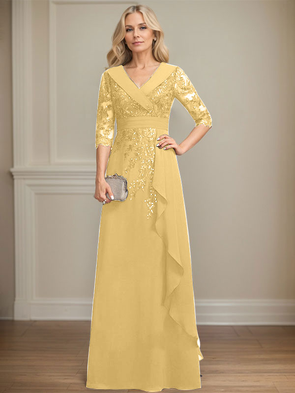 Robe de mère de la mariée en mousseline de soie à col en V, longueur au sol, ligne A, avec dentelle, paillettes et volants en cascade