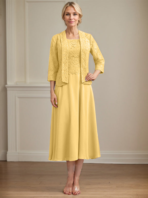 Robe de mère de la mariée en dentelle et mousseline, longueur thé, coupe en A avec encolure dégagée