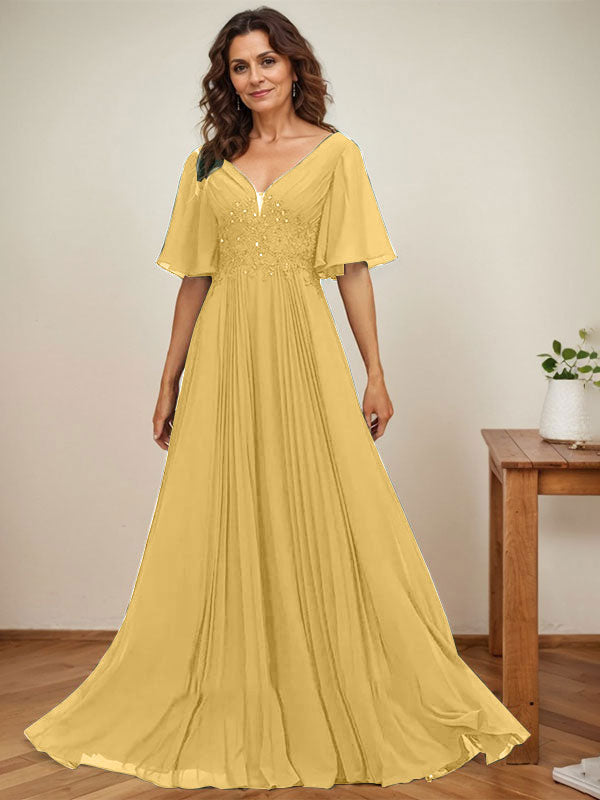 A-Linie V-Ausschnitt Bodenlang Chiffon Mutter der Braut Kleid Mit Pailletten Applikationen Spitze Plissee 