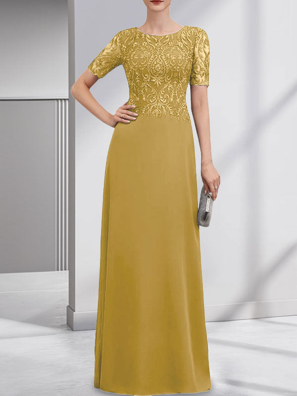 Robe de mère de la mariée en dentelle et mousseline, longueur au sol, en ligne A, décolleté en U, ornée de paillettes