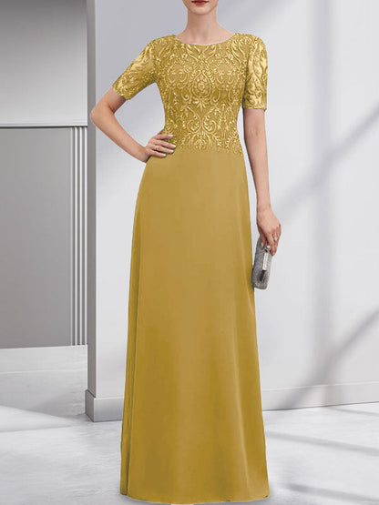 A-Linie U-Ausschnitt Bodenlang Spitzen-Chiffon-Kleid für die Brautmutter mit Pailletten