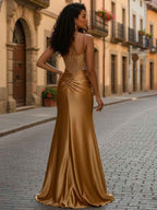 Gold Plunging V-Neck Cascading Crystal Satin Prom Dress With Slit