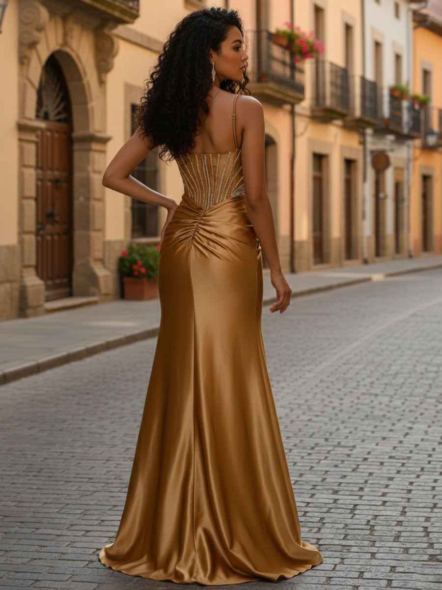 Gold Plunging V Neck Beaded Bodice Satin Prom Dress With Slit