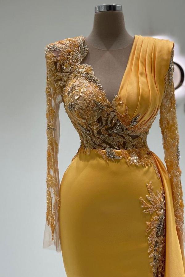 Robes de bal en satin élégantes à manches longues et col en V, coupe sirène avec traîne