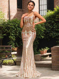 Sparkly Gold Mermaid Corset Sequin Spaghetti Strap Long Prom Dress