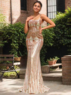 Sparkly Gold Mermaid Corset Sequin Spaghetti Strap Long Prom Dress