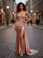 Champagne Gold Crystal Beaded Corset Prom Dress With High Slit