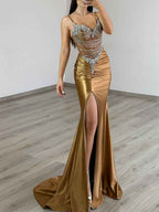 Gold Satin Prom Dress With Beaded Corset Bodice And Side Slit