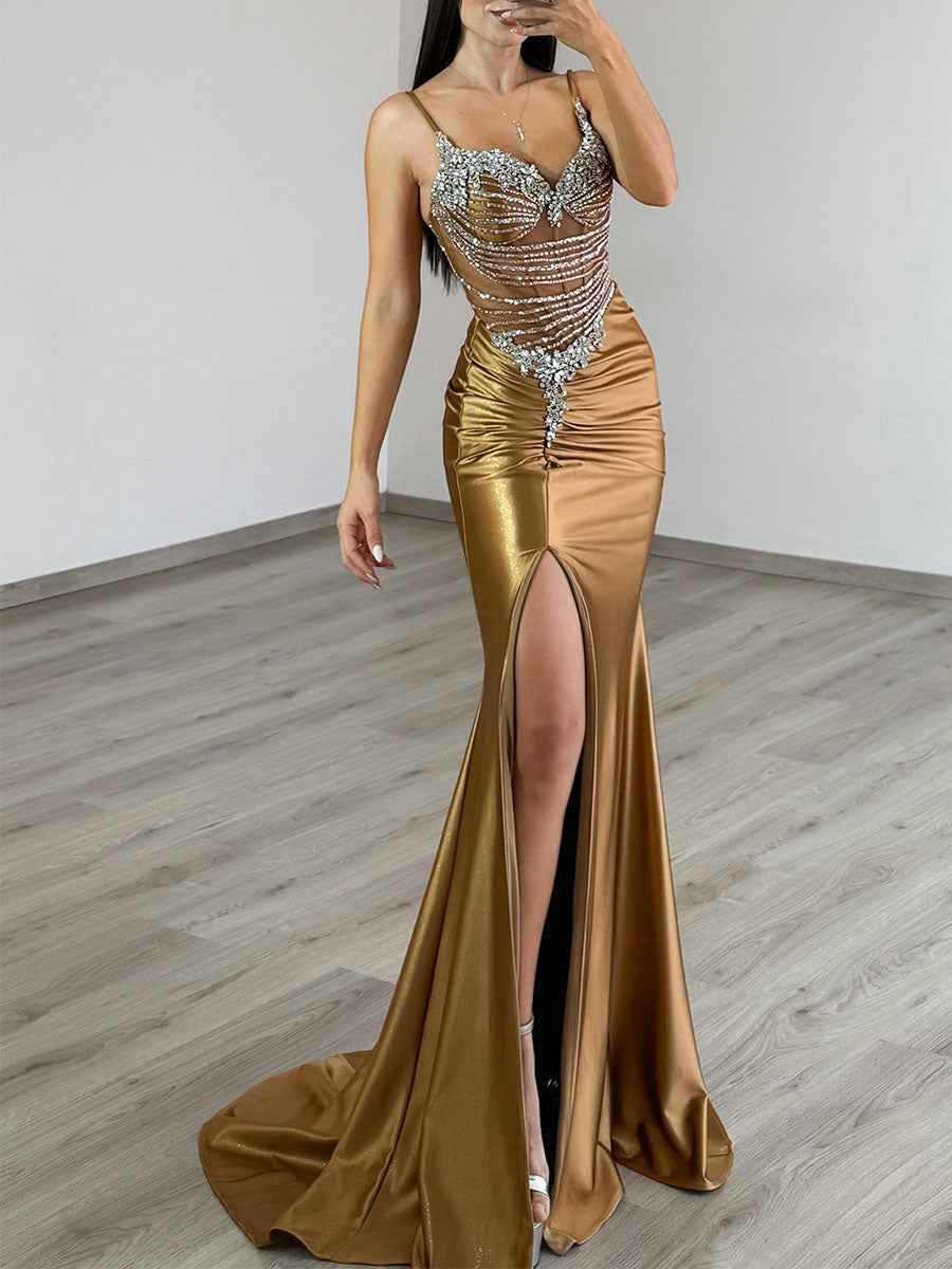 Gold Satin Prom Dress With Beaded Corset Bodice And Side Slit