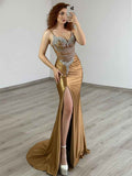Gold Plunging V Neck Beaded Bodice Satin Prom Dress With Slit