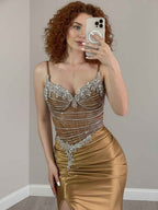 Gold Plunging V Neck Beaded Bodice Satin Prom Dress With Slit