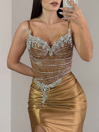 Gold Satin Prom Dress With Beaded Corset Bodice And Side Slit