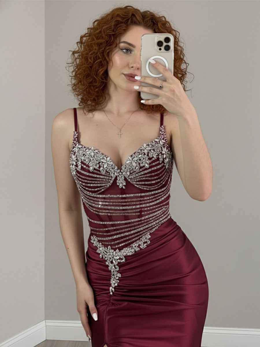 Gold Plunging V Neck Beaded Bodice Satin Prom Dress With Slit