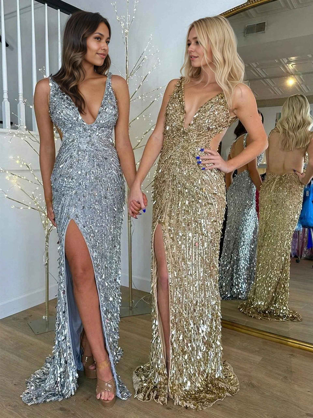 Hot Pink Mermaid Sequin Prom Dress With V Neck Backless Thigh Slit