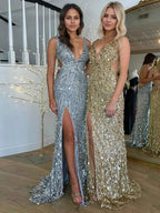 Hot Pink Mermaid Sequin Prom Dress With V Neck Backless Thigh Slit