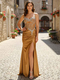 Gold Rhinestone Satin Corset Prom Dress With Sheer Bodice And Slit