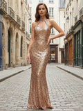 Gold Sequin Halter Neck Mermaid Long Prom Dress