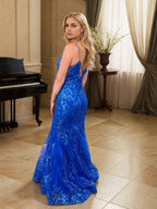 Pale Ice Blue Metallic Gold Sequin V Neck Mermaid Prom Dress