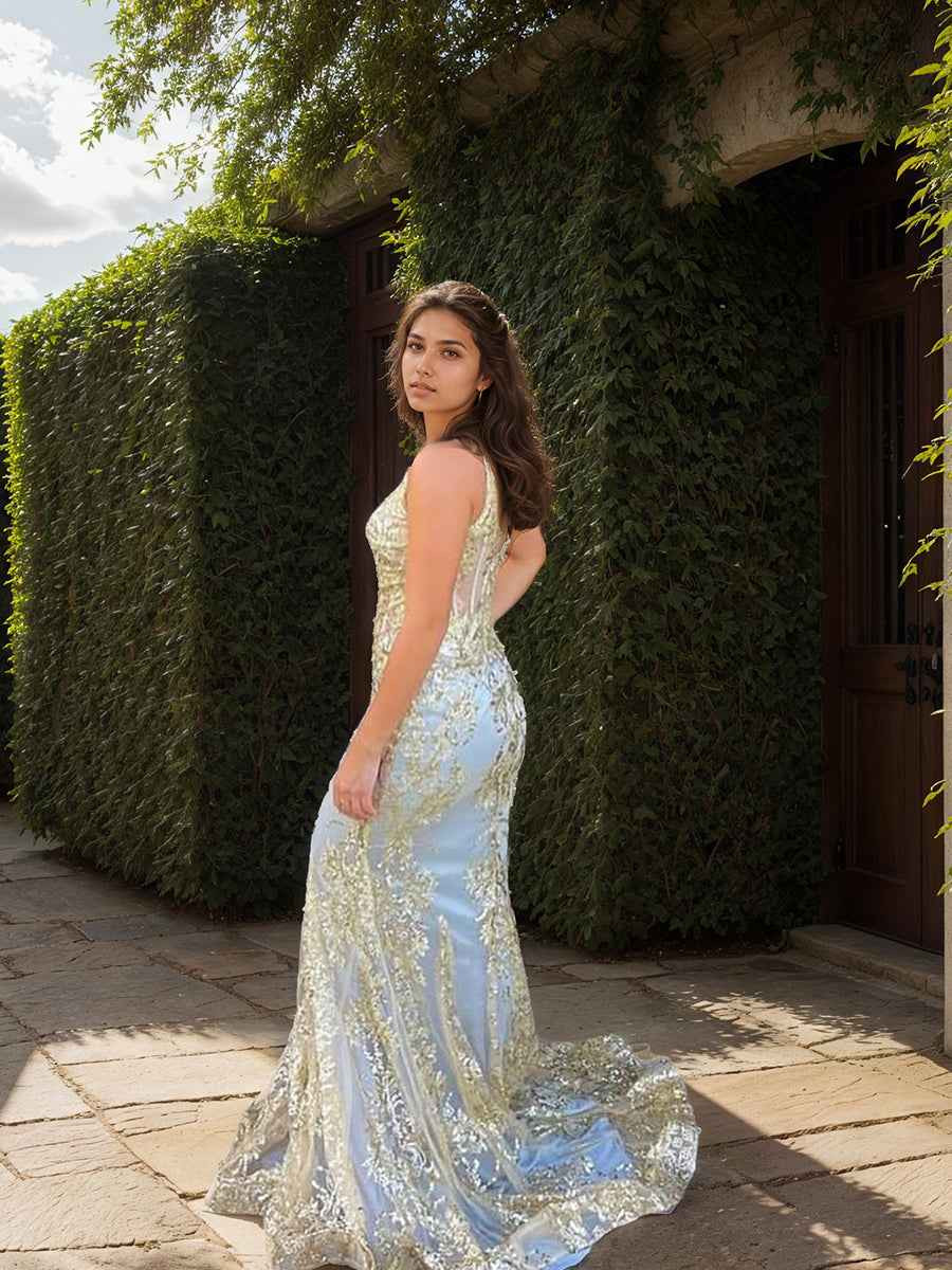 Pale Ice Blue Metallic Gold Sequin V Neck Mermaid Prom Dress
