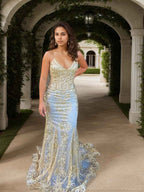 Pale Ice Blue Metallic Gold Sequin V Neck Mermaid Prom Dress