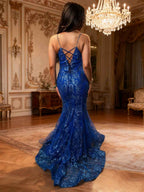 Pale Ice Blue Metallic Gold Sequin V Neck Mermaid Prom Dress