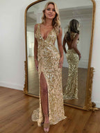 Gold Sequin V Neck Open Back Mermaid Prom Dress With High Slit