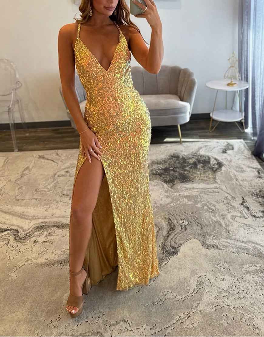 Gold Sequin V Neck Prom Dress With Spaghetti Straps And Slit
