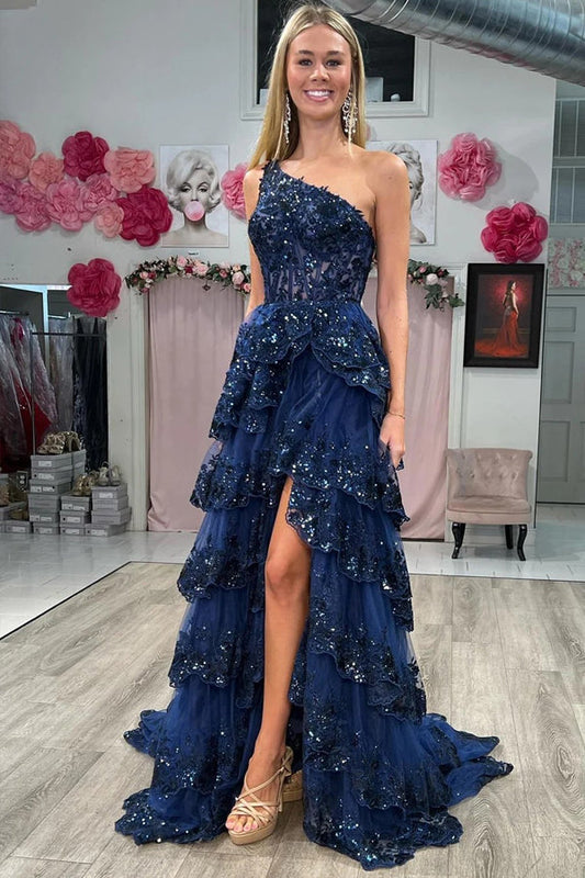 Vestido de fiesta largo de tul azul marino con lentejuelas, un solo hombro y abertura