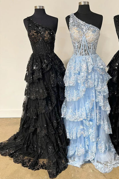 Vestido de fiesta largo de tul azul marino con lentejuelas, un solo hombro y abertura