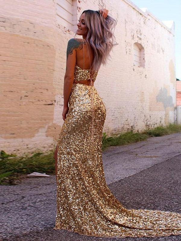 Vestito Giallo da Ballo a Due Pezzi Abiti da Ballo con Paillettes SYP94