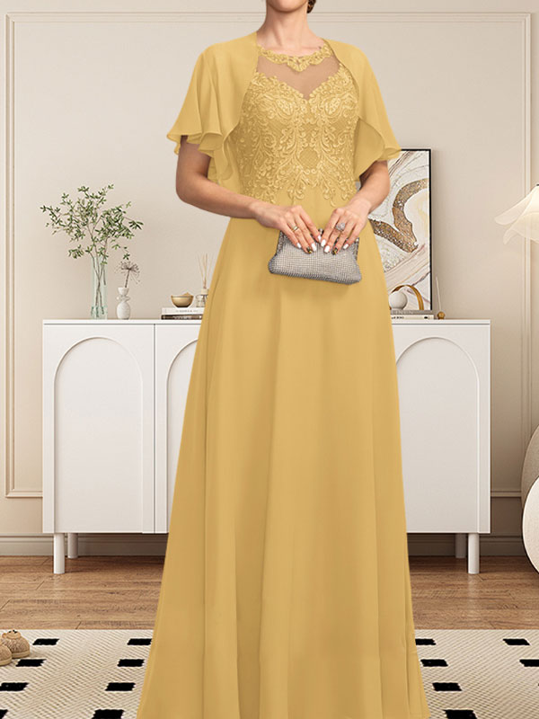 A-Linie, U-Ausschnitt, Illusion, bodenlanges Spitzen-Chiffon-Kleid für die Brautmutter mit Pailletten